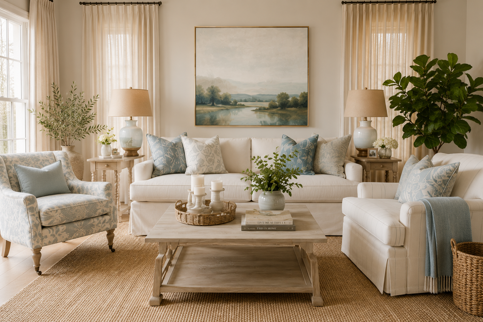 Timeless living room interior design with neutral furnishings, soft blue accents, custom furniture layout, and elegant home décor by Designing Women Interior Decorating.