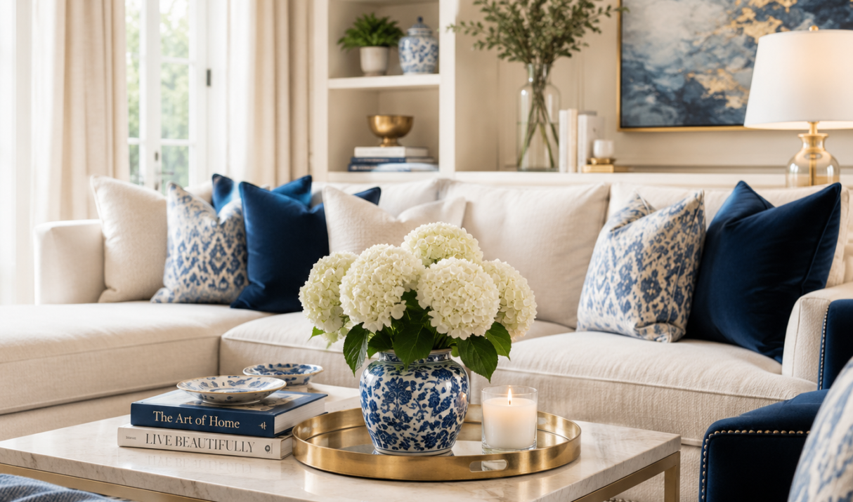 Elegant living room featuring timeless interior design with neutral furnishings, navy accents, natural light, and carefully curated décor by Designing Women Interior Decorating.