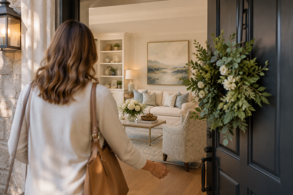 Beautifully designed home interior with elegant furnishings and timeless décor as a homeowner returns to a warm and welcoming living space.