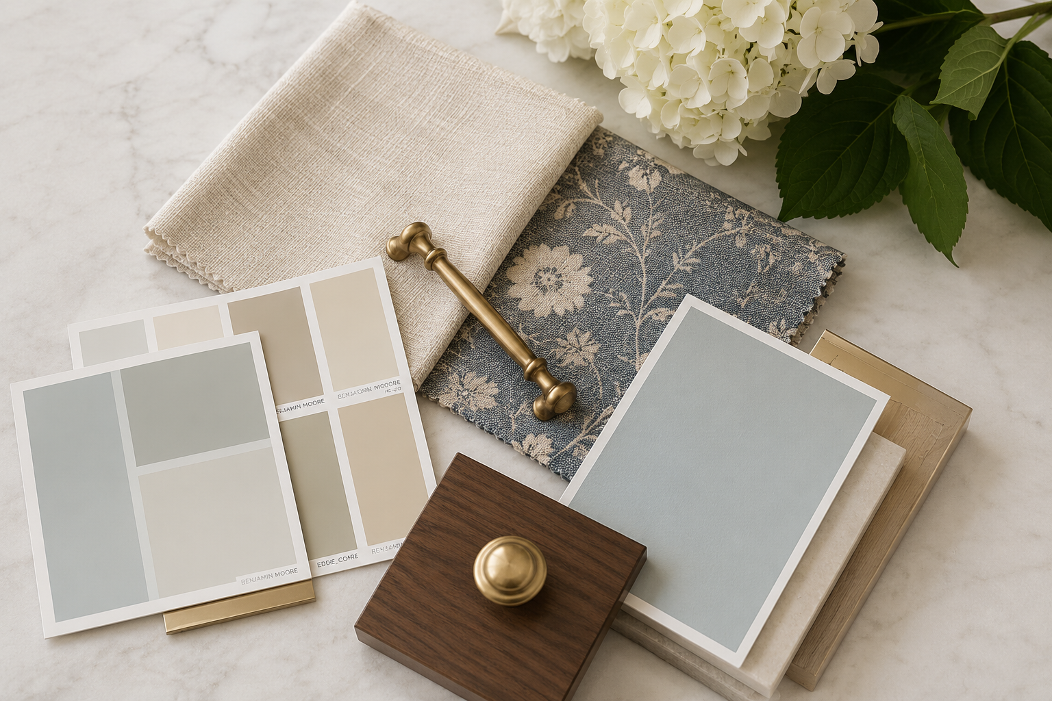 Professional interior decorating materials including fabric samples, paint color palettes, cabinet finishes, hardware, and curated furnishings selected for a timeless home design.