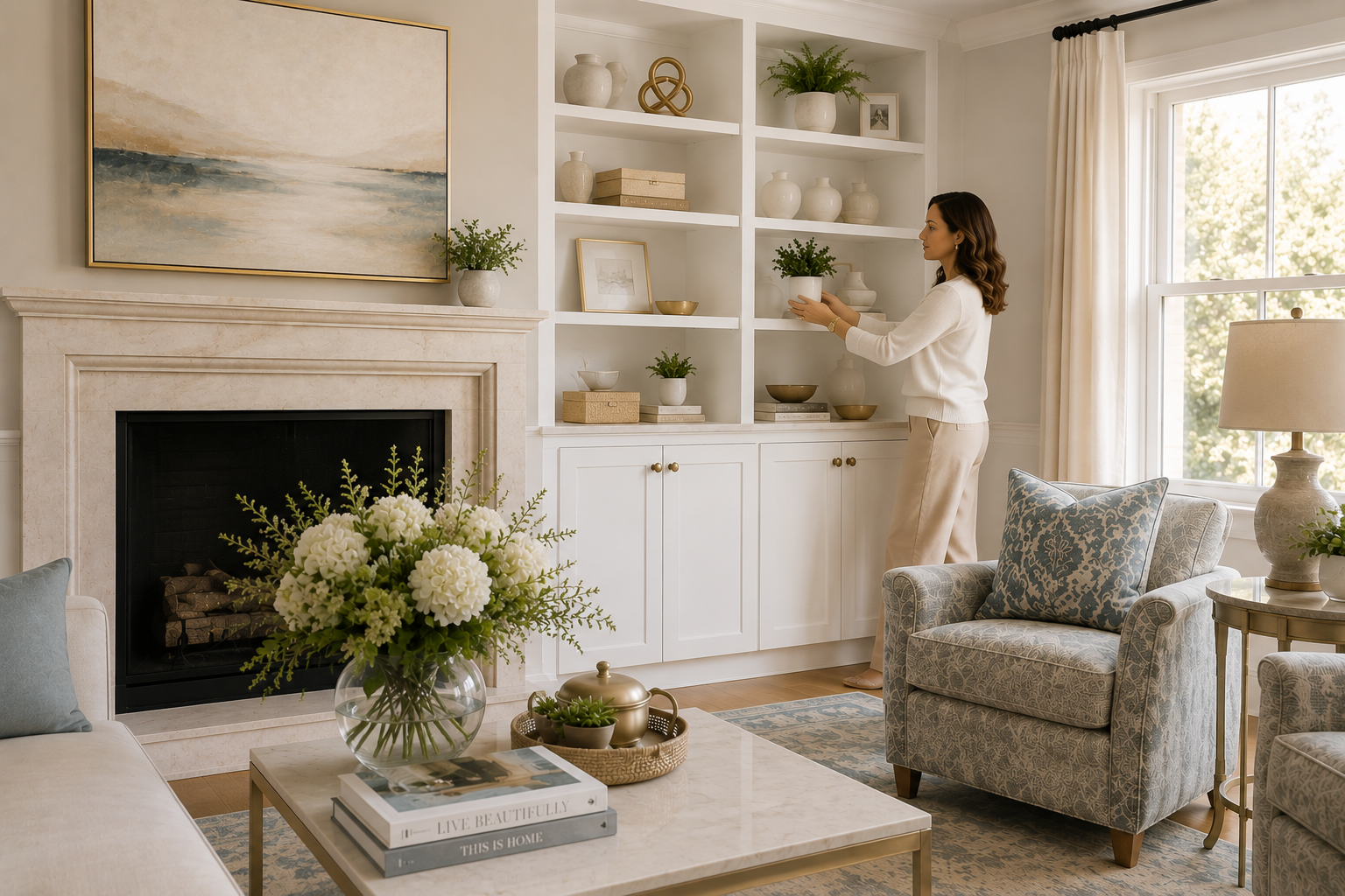 Interior designer styling a beautifully finished living room while coordinating the final details of a home decorating project.