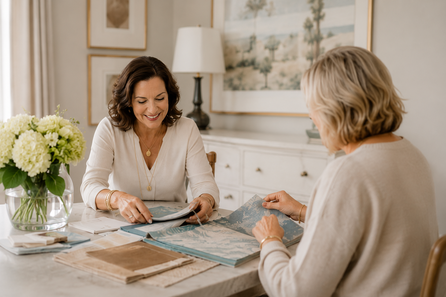 Interior designer consulting with a homeowner while reviewing fabric samples, finishes, and design ideas during a personalized interior design consultation.