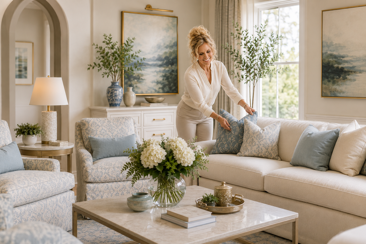Interior decorator Shelley Herod arranging cushions in a professionally designed living room featuring timeless furnishings and elegant home décor.